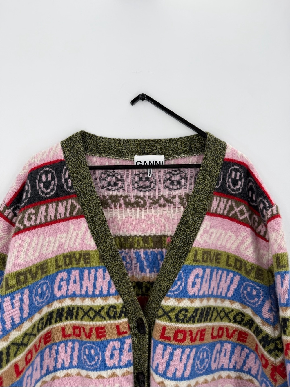Ganni Graphic All Over Logo Jacquard Multicolor Wool Blend Knitted Cardigan